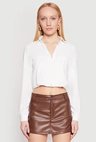 Womens Long Sleeve Hook and Eye Cropped Blouse, White, Size M