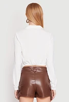 Womens Long Sleeve Hook and Eye Cropped Blouse, White, Size M