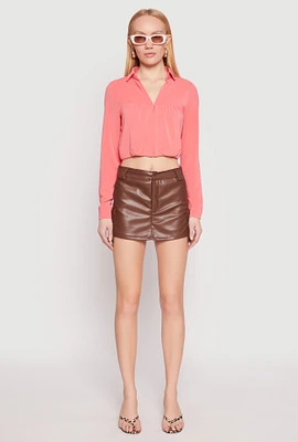 Womens Long Sleeve Hook and Eye Cropped Blouse, Pink, Size S