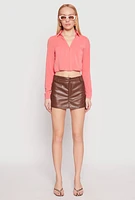 Womens Long Sleeve Hook and Eye Cropped Blouse, Pink, Size S