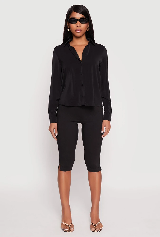 Womens Crepe Knit Button Front Shirt,