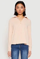 Womens Crepe Knit Button Front Shirt, Beige, Size S