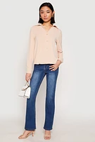 Womens Crepe Knit Button Front Shirt, Beige, Size S