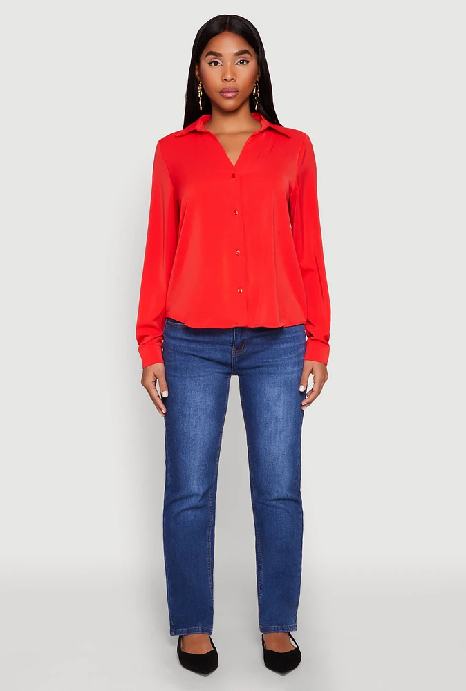 Womens Crepe Knit Button Front Shirt, Red, Size S