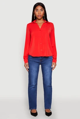 Womens Crepe Knit Button Front Shirt, Red, Size S
