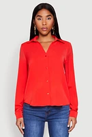 Womens Crepe Knit Button Front Shirt, Red, Size S