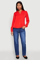 Womens Crepe Knit Button Front Shirt, Red, Size S