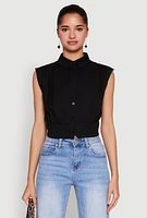 Womens Sleeveless Cropped Button Front Shirt,