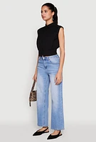 Womens Sleeveless Cropped Button Front Shirt,