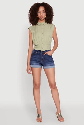 Womens Sleeveless Cropped Button Front Shirt, L