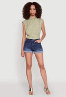 Womens Sleeveless Cropped Button Front Shirt, L