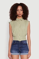 Womens Sleeveless Cropped Button Front Shirt, L