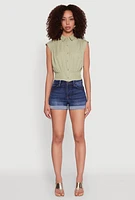 Womens Sleeveless Cropped Button Front Shirt, L