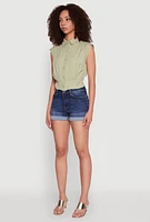 Womens Sleeveless Cropped Button Front Shirt, L