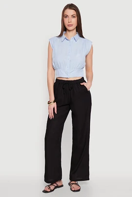 Womens Sleeveless Cropped Button Front Shirt,
