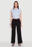 Womens Sleeveless Cropped Button Front Shirt,