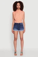 Womens Sleeveless Cropped Button Front Shirt, Orange, Size L