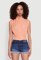 Womens Sleeveless Cropped Button Front Shirt, Orange, Size L