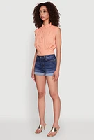 Womens Sleeveless Cropped Button Front Shirt, Orange, Size L