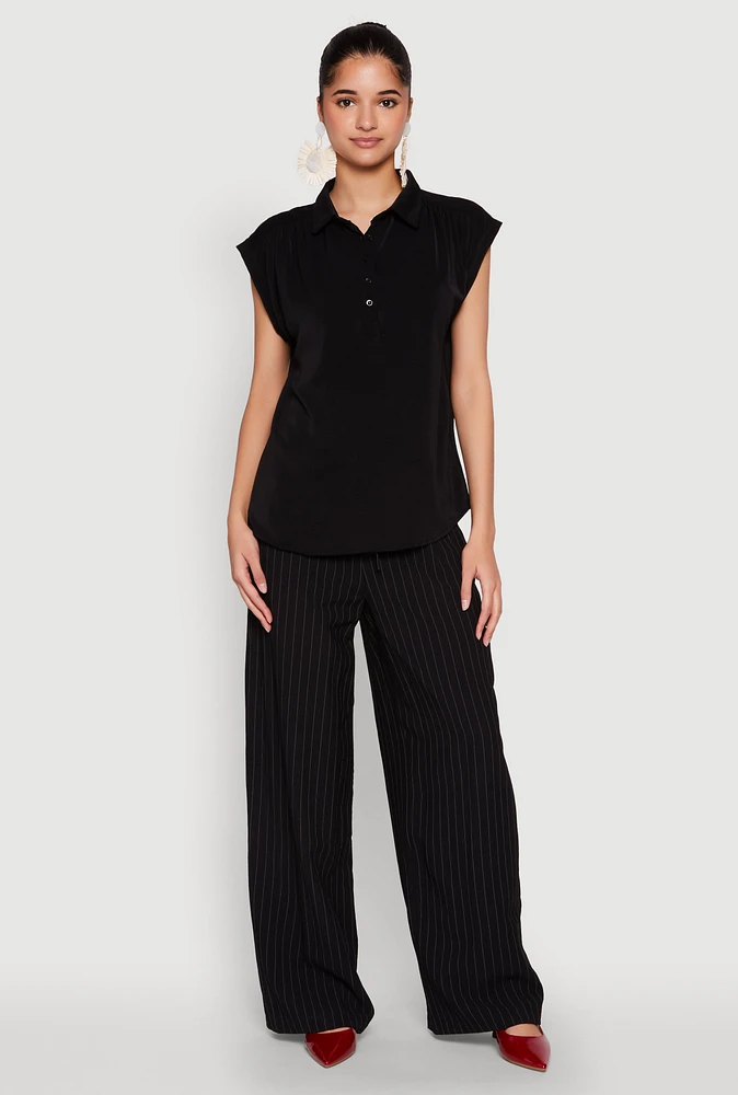 Womens Ruched Cap Sleeve Blouse, Black, Size M
