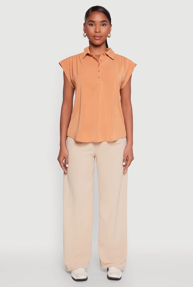 Womens Ruched Cap Sleeve Blouse, Orange, Size L
