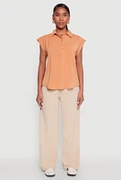 Womens Ruched Cap Sleeve Blouse, Orange, Size L