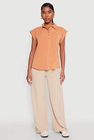 Womens Ruched Cap Sleeve Blouse, Orange, Size L