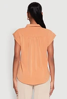 Womens Ruched Cap Sleeve Blouse, Orange, Size L