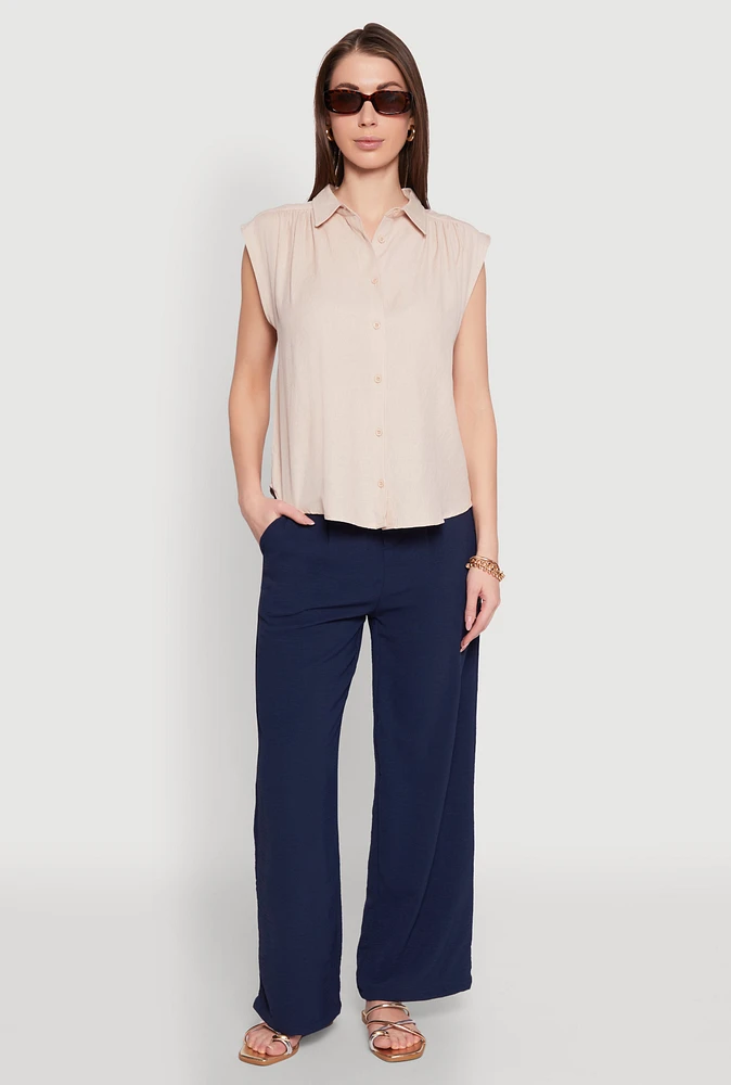 Womens Ruched Sleeve Button Front Shirt,