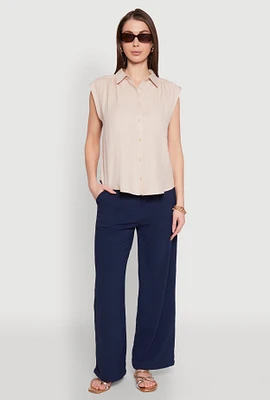 Womens Ruched Sleeve Button Front Shirt,