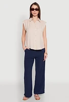 Womens Ruched Sleeve Button Front Shirt,