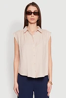 Womens Ruched Sleeve Button Front Shirt,