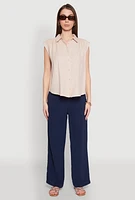 Womens Ruched Sleeve Button Front Shirt,