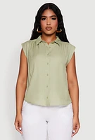 Womens Ruched Sleeve Button Front Shirt, Green,
