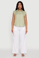 Womens Ruched Sleeve Button Front Shirt, Green,