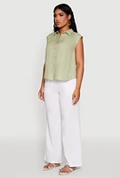 Womens Ruched Sleeve Button Front Shirt, Green,