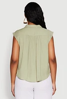 Womens Ruched Sleeve Button Front Shirt, Green,