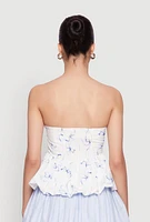 Womens Bow Print Bubble Hem Blouse, White, Size S