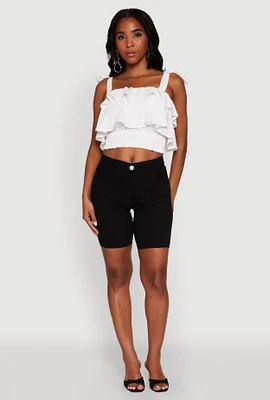 Womens Crepe Knit Sleeveless Square Neck Tie Strap Blouse with Ruffles, White, Size S