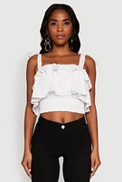Womens Crepe Knit Sleeveless Square Neck Tie Strap Blouse with Ruffles, White, Size S