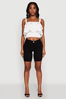 Womens Crepe Knit Sleeveless Square Neck Tie Strap Blouse with Ruffles, White, Size S