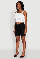 Womens Crepe Knit Sleeveless Square Neck Tie Strap Blouse with Ruffles, White, Size S