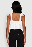 Womens Crepe Knit Sleeveless Square Neck Tie Strap Blouse with Ruffles, White, Size S