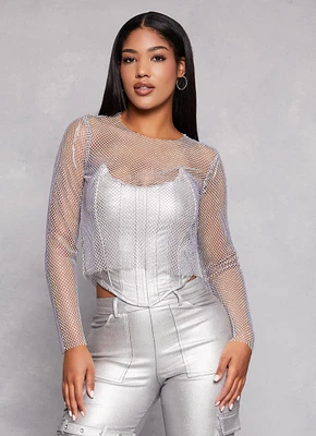 Womens Long Sleeve Rhinestone Fishnet Top,