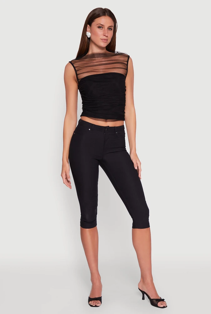 Womens High Neck Mesh Crop Top, Black, Size L