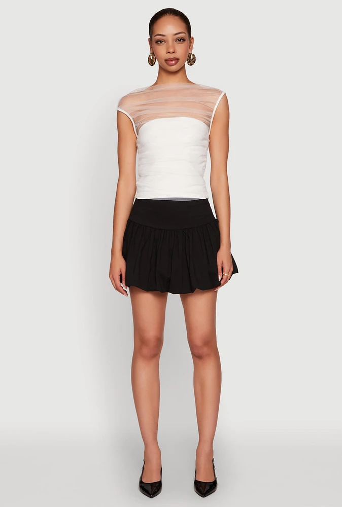 Womens High Neck Mesh Crop Top, White, Size M