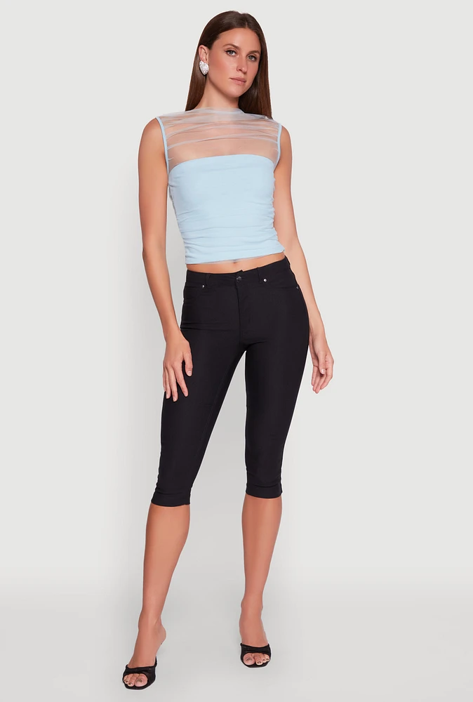 Womens High Neck Mesh Crop Top, Blue, Size M