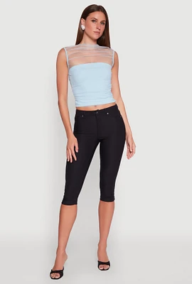 Womens High Neck Mesh Crop Top, Blue, Size M