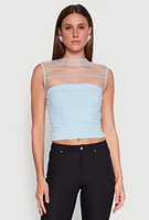 Womens High Neck Mesh Crop Top, Blue, Size M
