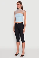 Womens High Neck Mesh Crop Top, Blue, Size M